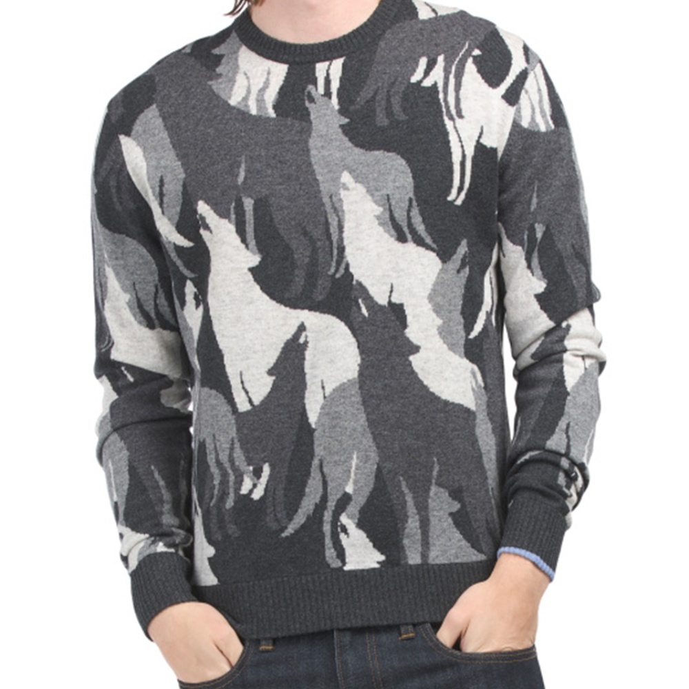Greyson Men's Wool and Cashmere in The Shadows Wolf Sweater in Ghost Grey Size M